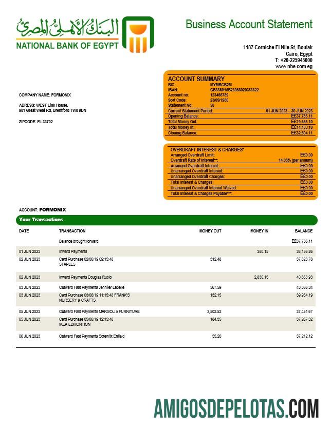 Imprimível Modelo Word e PDF de extrato de conta da empresa do Banco Nacional do Egito